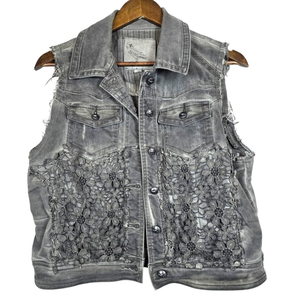 Anthropologie Bird Label Gray Cropped Jean Jacket Vest Distressed Womens Large